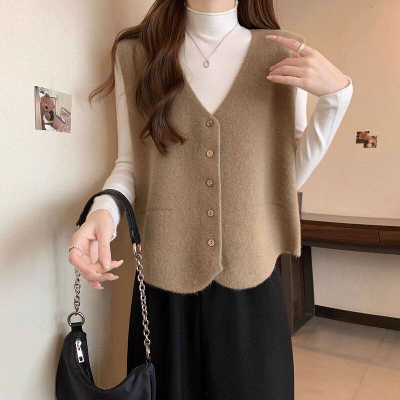 Real shot in stock autumn and winter new plus size all-match V-neck sweater vest soft single-breasted waistcoat women's top