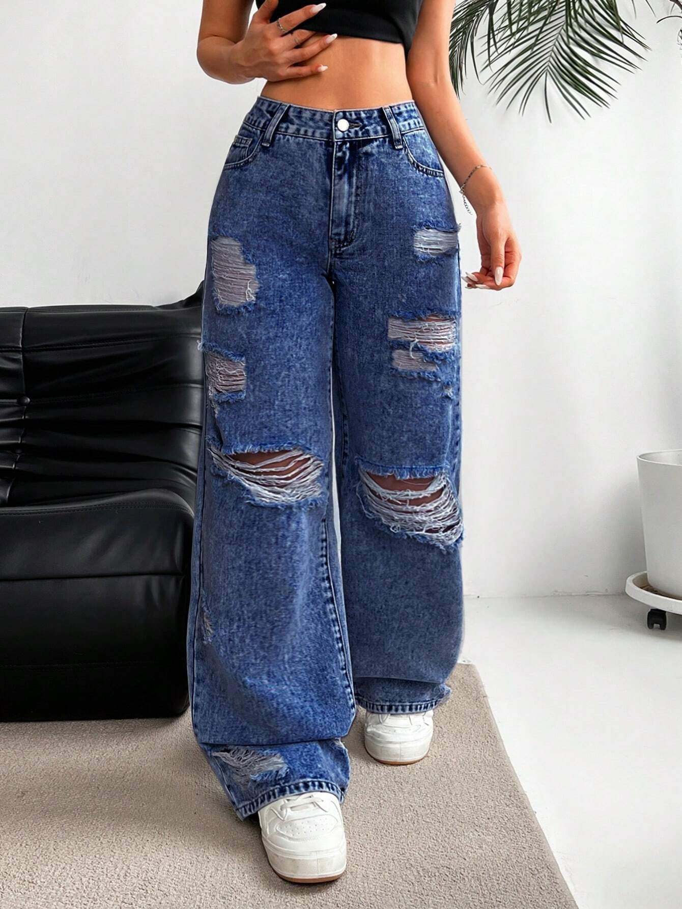 ​​Women's Relaxed Fit Straight Leg Jeans - Vintage Washed Denim, Wide Leg Comfort, Street Style Casual Pants For Everyday Wear​​_ecoleips.com