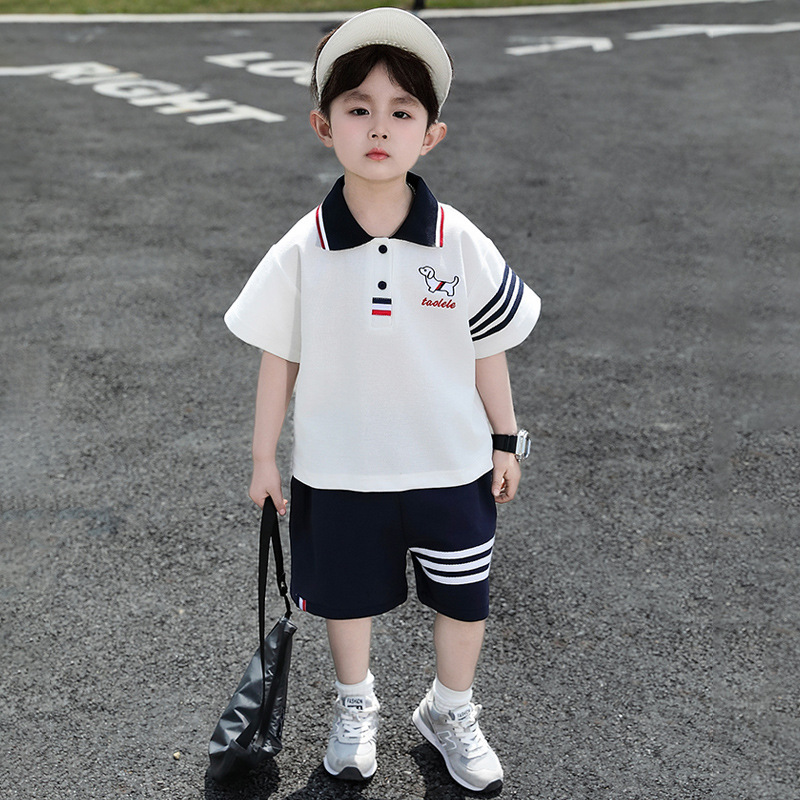 男の子夏半袖スーツ 2025 新しい子供ベビー夏薄い男の子子犬ポロシャツ 2 点セット|undefined