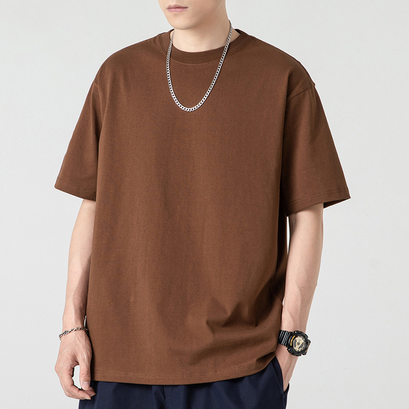 브라운 - 솔리드 컬러 반소매 - 면 100%