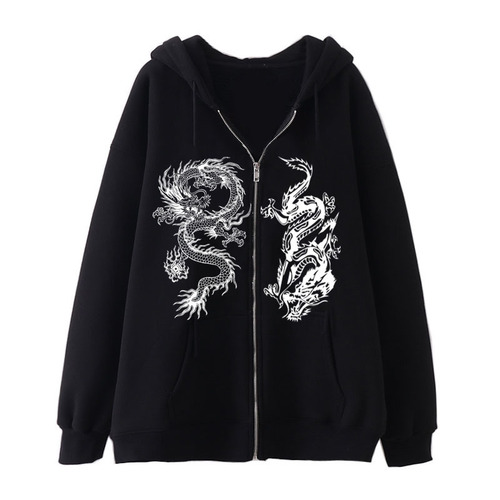 Women's Dragon Print Zip Hoodie, European and American Street Fashion, Trendy Loose Fleece Jacket