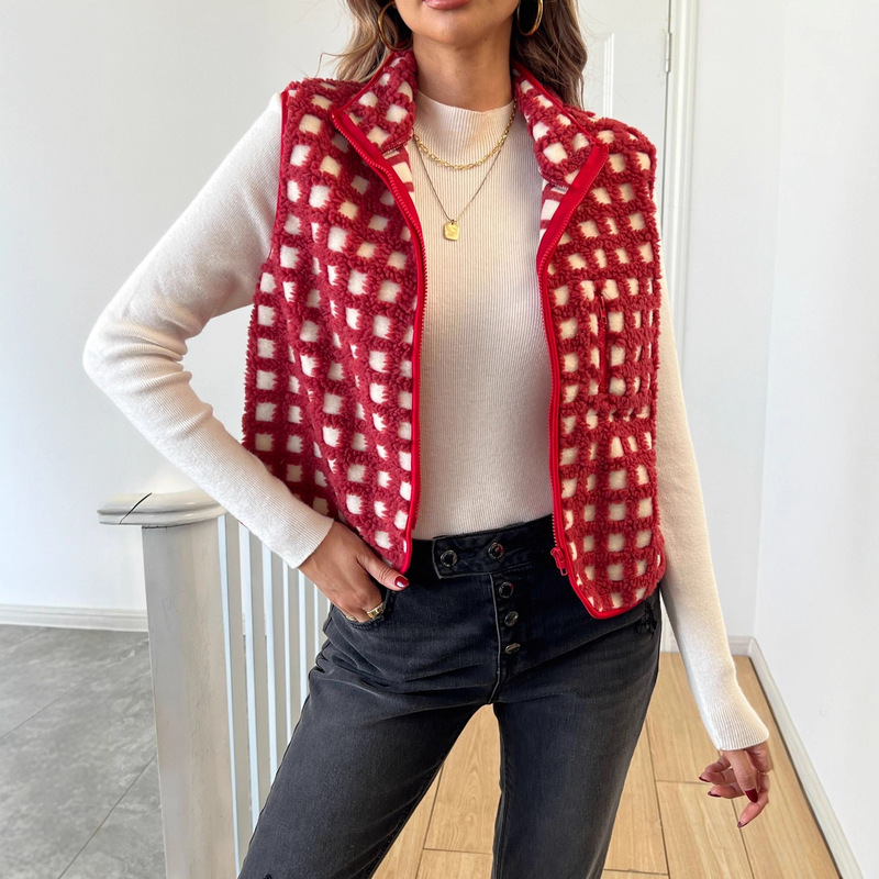 2025 Women's Fuzzy Plaid Vest Sleeveless Stand Collar Zipper Vest Jacket Winter Warm Outerwear Ready in Stock