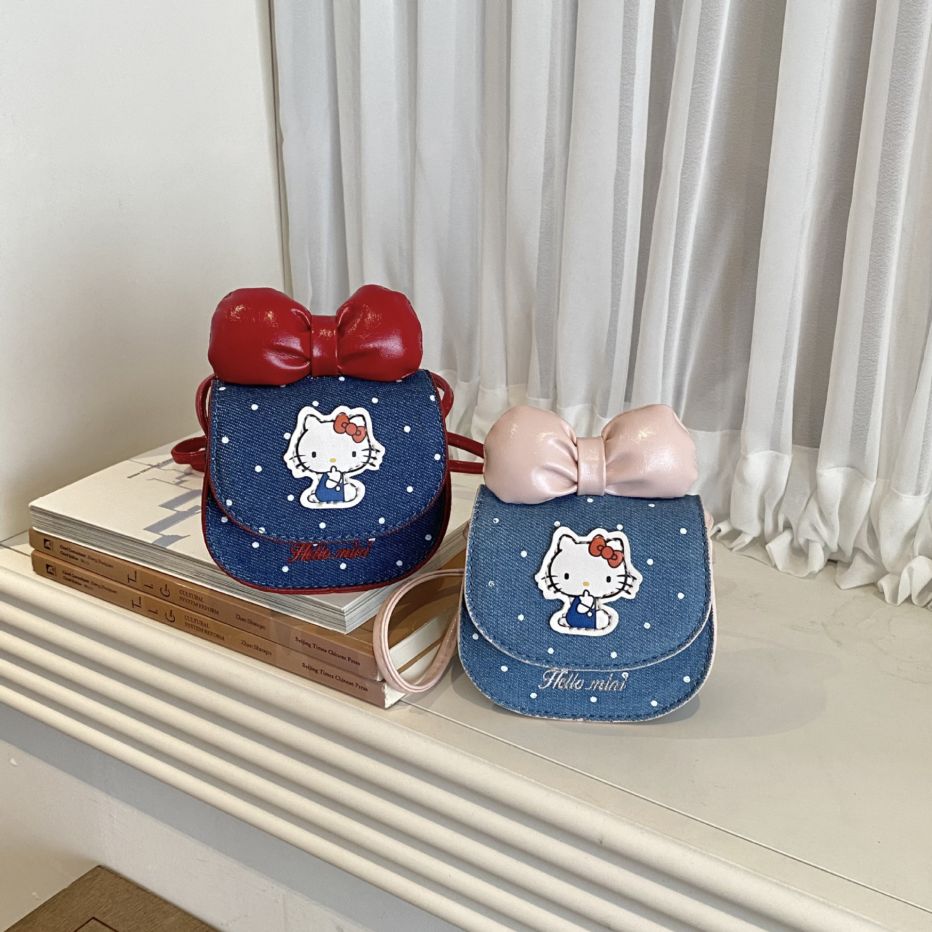 New cross-border kitty bag, polka dot girls' bag, stylish denim bow mini fashion crossbody bag for babies