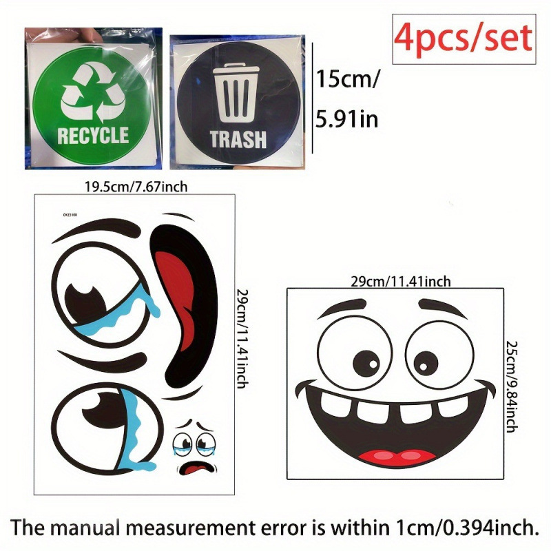TEMU クロスボーダー 4 ピース漫画ゴミ箱ラベルステッカー自己粘着 PVC 光沢のある表面高品質グリッター装飾笑|undefined