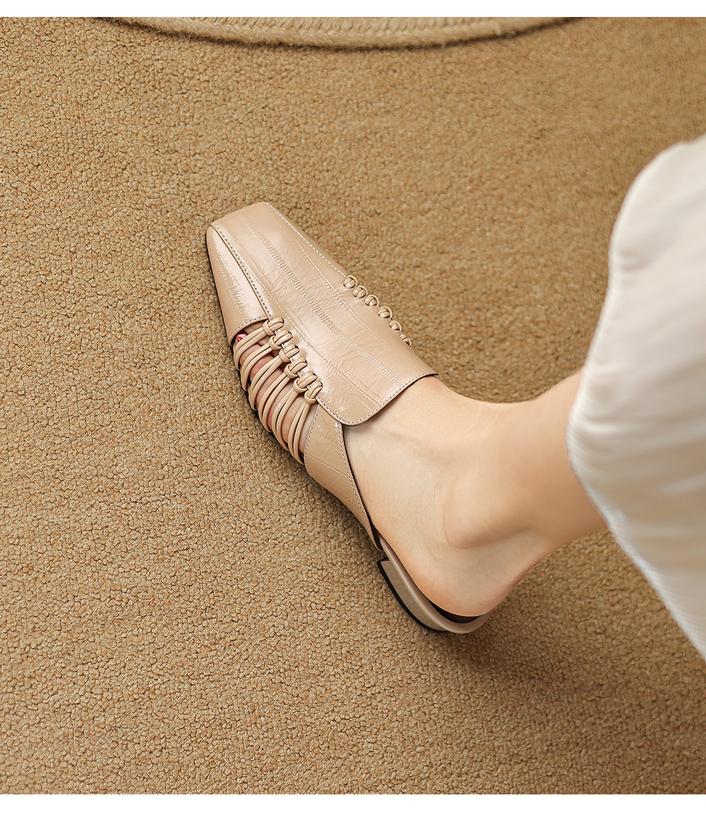 Dép sandal nữ quai chữ V bệt mũi tròn phong cách vintage — đen chi tiết 9