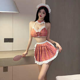 雪梦霓情趣内衣性感学生装女仆制服粉色格子裙角色扮演火辣激情