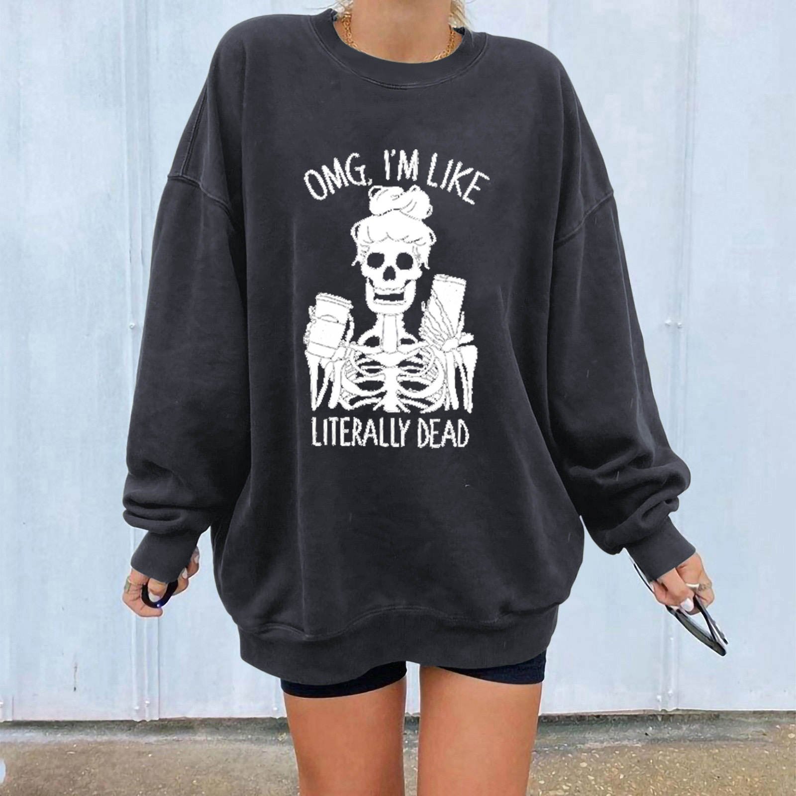 Skull Print Women's Sweatshirt Oversized Drop Shoulder Pullover_voghion.com