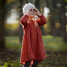 复古春秋款锈红色公主裙童装纯色长袖裙子圆领灯笼袖连衣裙女宝宝