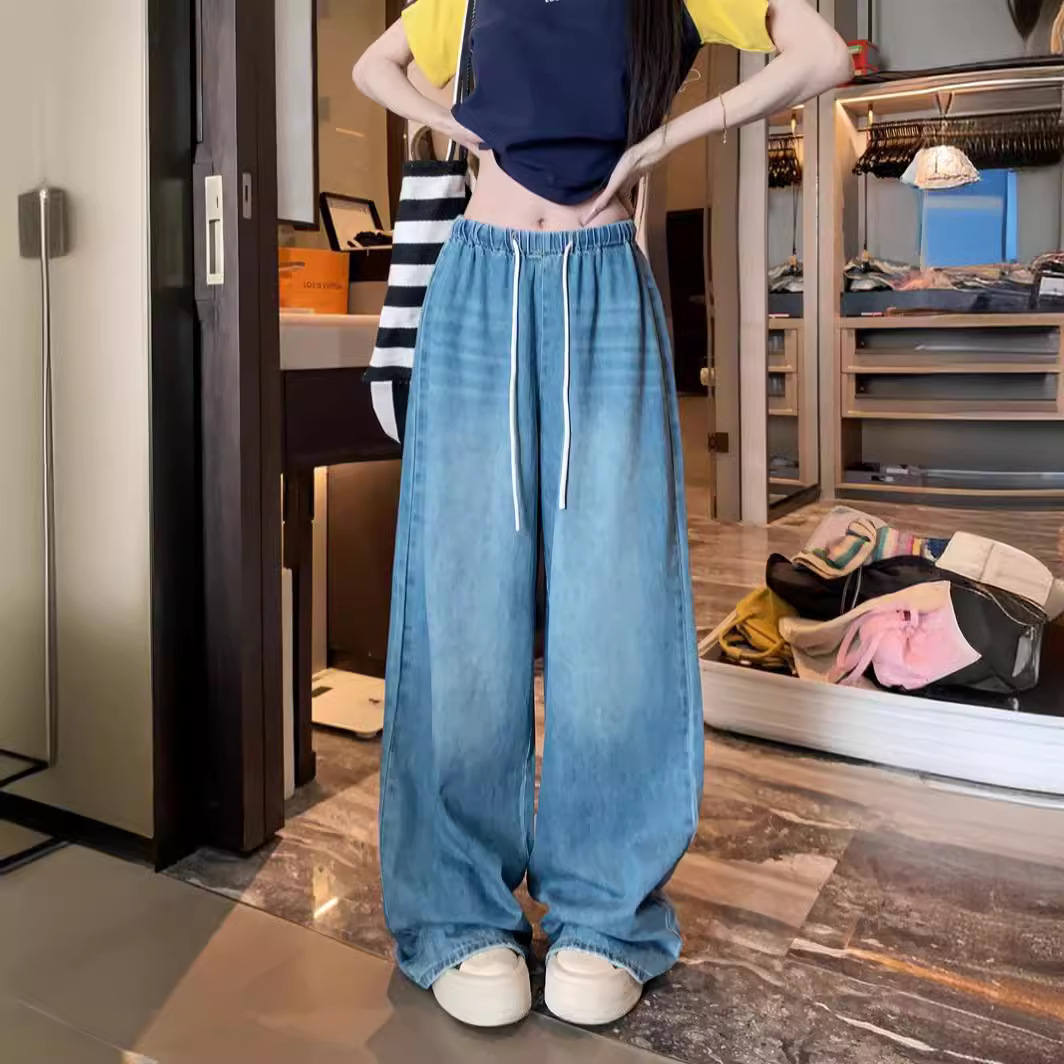 Real shot!  2024 autumn loose trousers for women straps for women design elastic waist retro wash floor pants