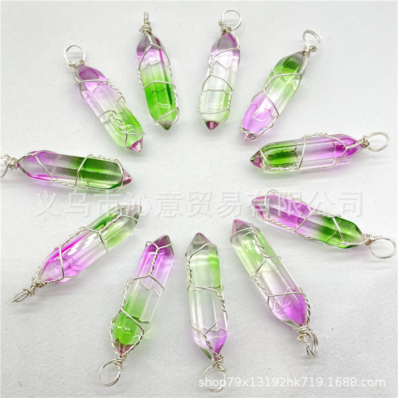 Comercio exterior caliente bobina hexagonal columna colgante collar de cristal natural hecho a mano de plata hilo bala joyería al por mayor