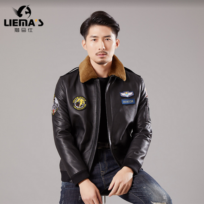 Hunting Ma Shi Winter Chinese Pilot Air Force Genuine Leather Jacket Male Head Layer Cowhide Biker Jacket Coat Thickened
