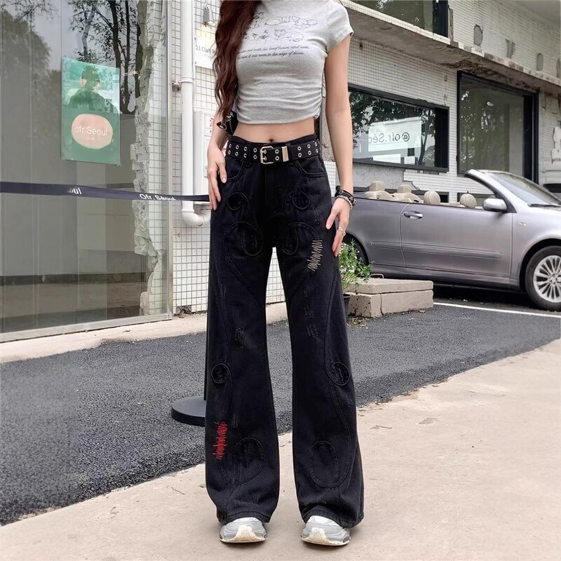 2025 American Punk Design Niche Embroidered Trendy Brand Micro-Flared Jeans for Men and Women, Floor-Length Wide-Leg Pants 2025 American Punk Design Niche Embroidered Trendy Brand Micro-Flared Jeans for Men and Women, Floor-Length Wide-Leg Pants