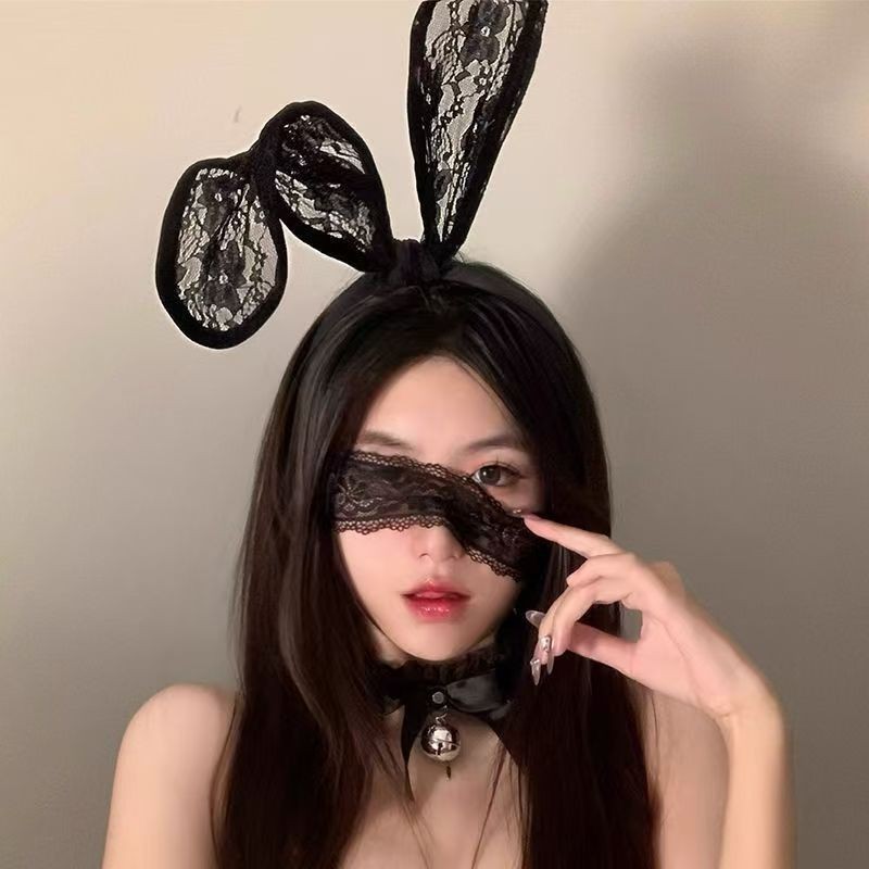Lace Cat Ear Headband for Women with Eye Mask and Bell, Black Cosplay Hair Accessory — detail image 8