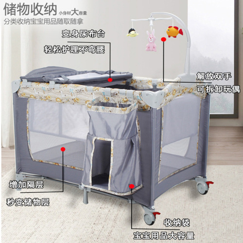 Cross-border foldable baby bed, multi-functional portable crib, movable and connectable large bed with changing table for infants