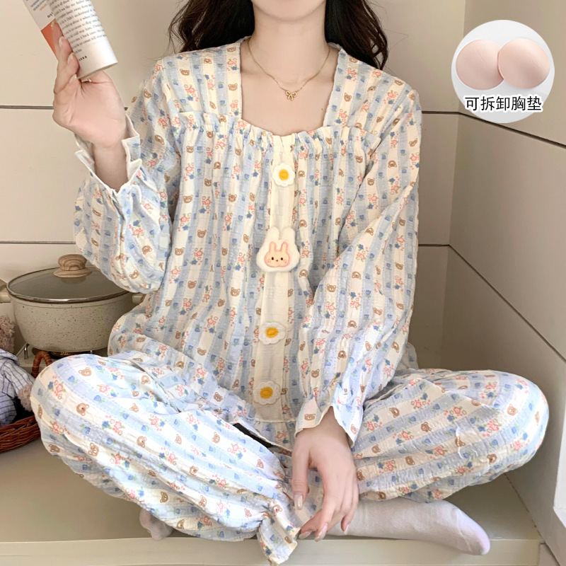 云朵棉睡衣女春秋季带胸垫长袖可爱小熊卡通家居服可外穿跨境批发|undefined
