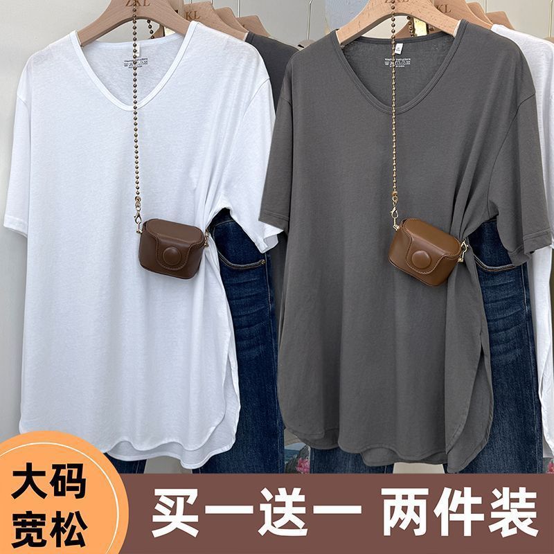 シングル/ツーピース大きいサイズルーズミドル丈Vネック半袖Tシャツ女性用2025夏新作ファットMMカバートップ|undefined