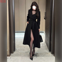 Y9Z高级感气质炸街御姐范系带中长款大衣女冬季新款收腰黑色毛呢