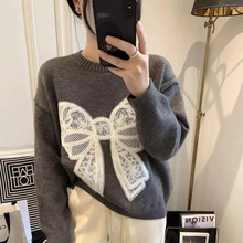 毛衣女款2025新款冬季女装韩版时尚圆领蕾丝蝴蝶结针织衫上衣女潮