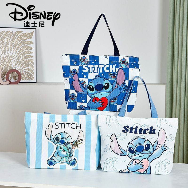 Disney Stitch Cartoon Canvas Bag with Zipper, Large Capacity Tote Bag, Cute Student Shoulder Bag, Tote Bag