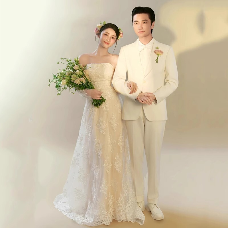 French Style Lace Light Wedding Dress Bride's Simple Niche Tube-length Mori Style Retro Out-door Yarn Super Fairy Trailing Welcome Dress