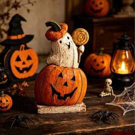 跨境新品Pumpkin Ghost Wooden Figurine万圣节南瓜幽灵木质摆件