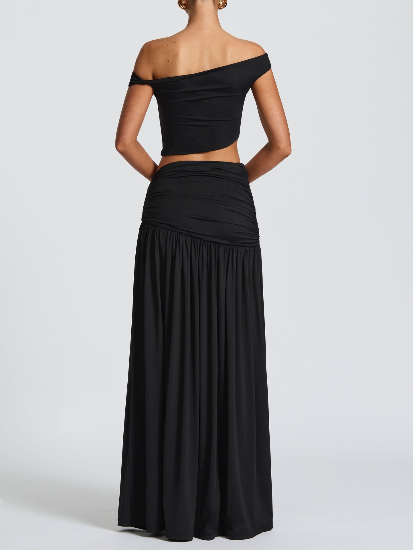 Women Sexy One Shoulder Off Shoulder Crop Top High Waist Slit Tucked Midi Skirt Two Piece Dress Set Ladies Party Outfit_ecoleips.com