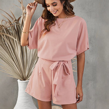 时颖欧美纯色运动装高腰短裤女2020新款圆领短袖系带连衣裤64515