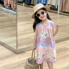 韓版夏季女童新款小清新綁帶甜美粉色碎花洋氣無袖連衣裙背心裙潮