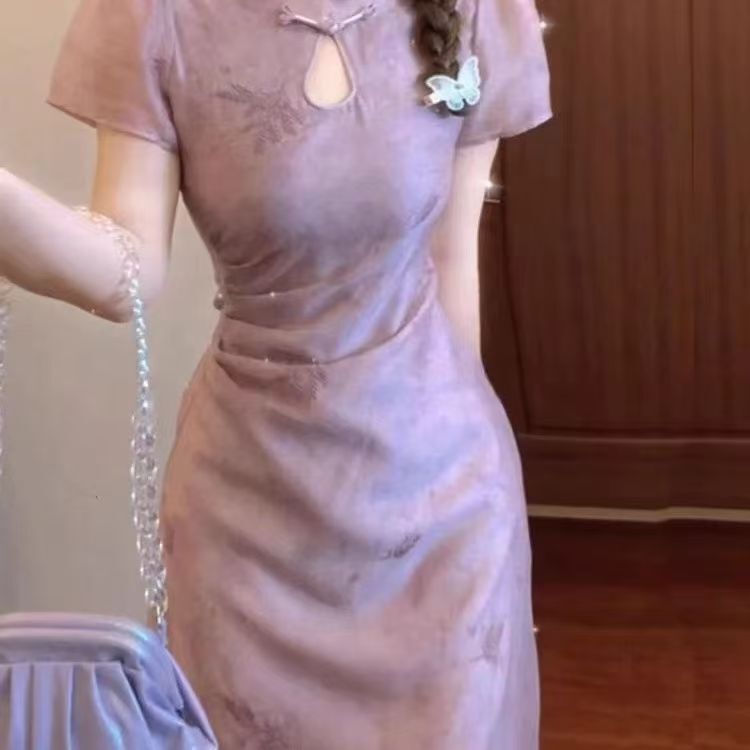 New Chinese Style Young Girl Cheongsam 2025 New Classy Exquisite Flower Cut Out Purple Dress