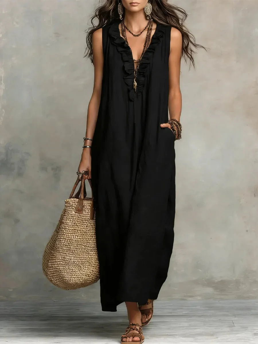 Women's V Neck Ruffled Cotton Linen Boho Maxi Dress – Breathable Casual Resort Gown With Tiered Details_ecoleips.com