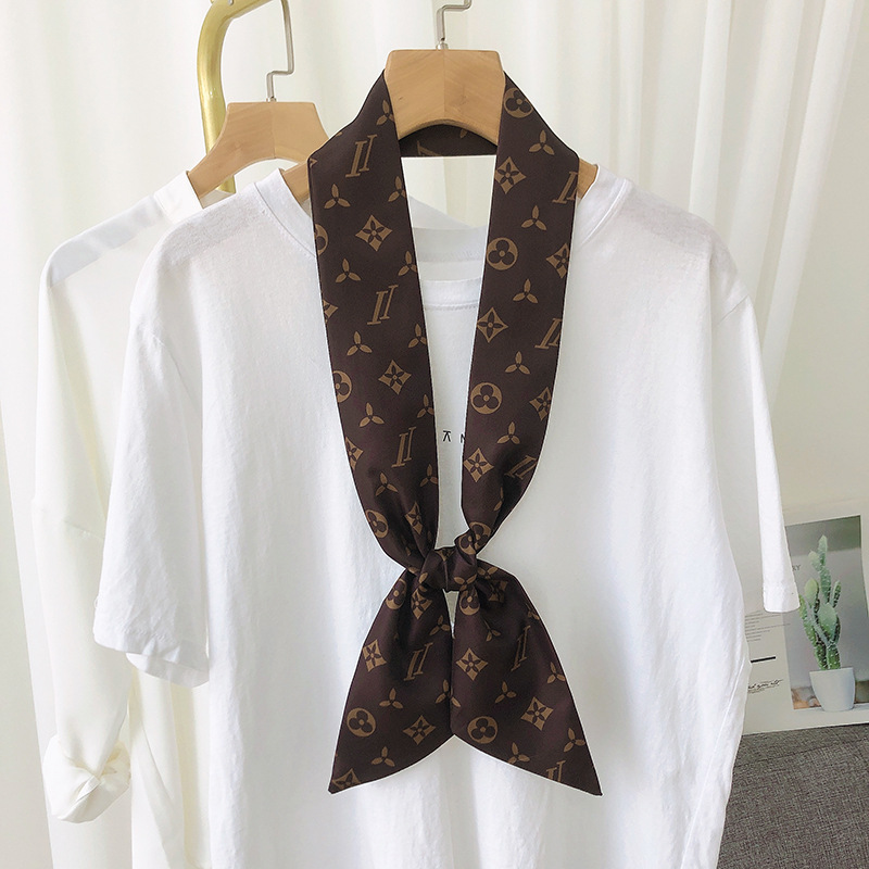 Corea del Sur delgada bufandas de seda larga y estrecha bufandas de correa flotante francesa impresión de mujer correa de cabello vinculante estilo sen simple accesorios de cabello retro