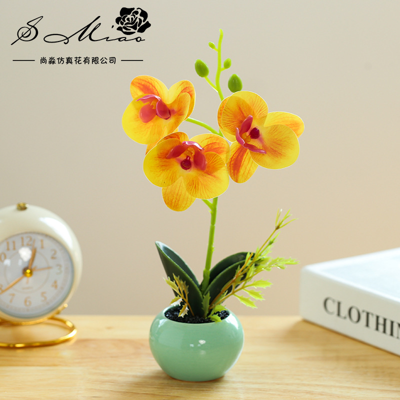 Popular flor artificial pequeña olla redonda de tres flores película Phalaenopsis bonsai creativo interior pequeña decoración artificial planta bonsai image 11