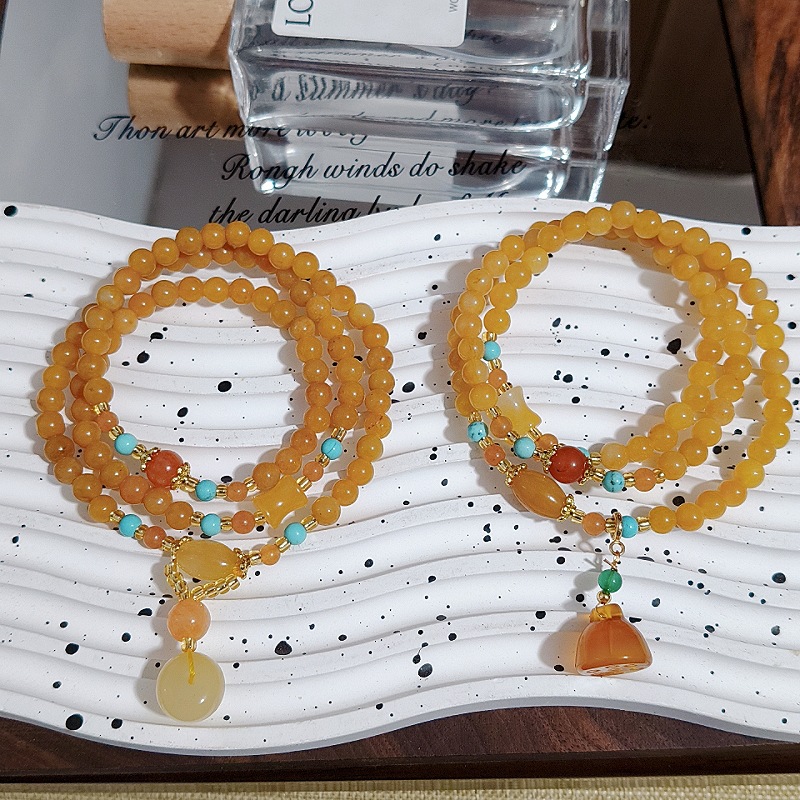 Natural Xinjiang Gold Silk Jade Multi-Circle Bracelet, New Chinese Style Retro Lotus Pod Peace Buckle Bracelet, Live Broadcast Popular Jewelry for Women