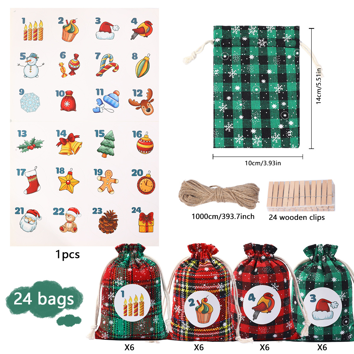 圣诞节礼物袋套装降临日历数字倒计时糖果礼品袋批发棉布束口袋