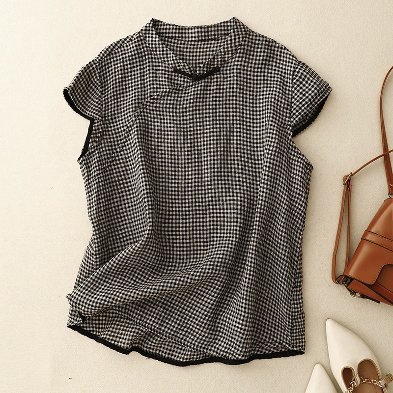 Новый китайский стиль трикотажные хлопчатобумажные рубашки с короткими рукавами женский 2025 новый стиль ретро с пряжкой маленький клетчатый национальный повседневный топ