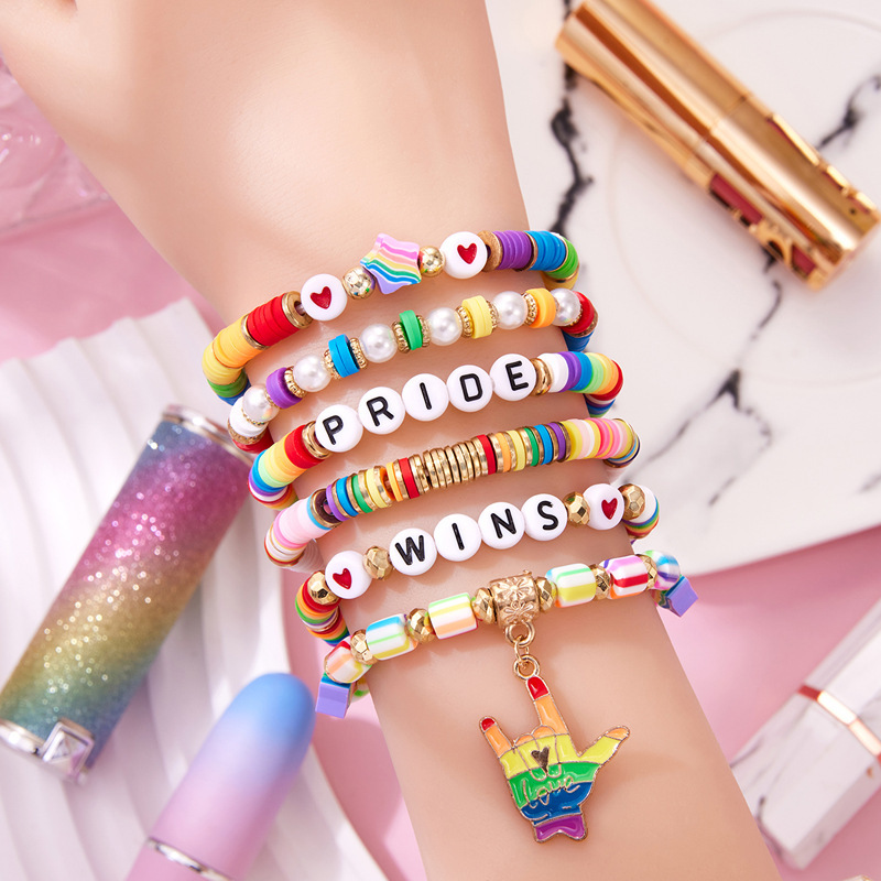 Colorful Geometric Beaded Bracelet with Pride-Themed Letter Love Gesture Pendant and Five-Pointed Star Design Jewelry