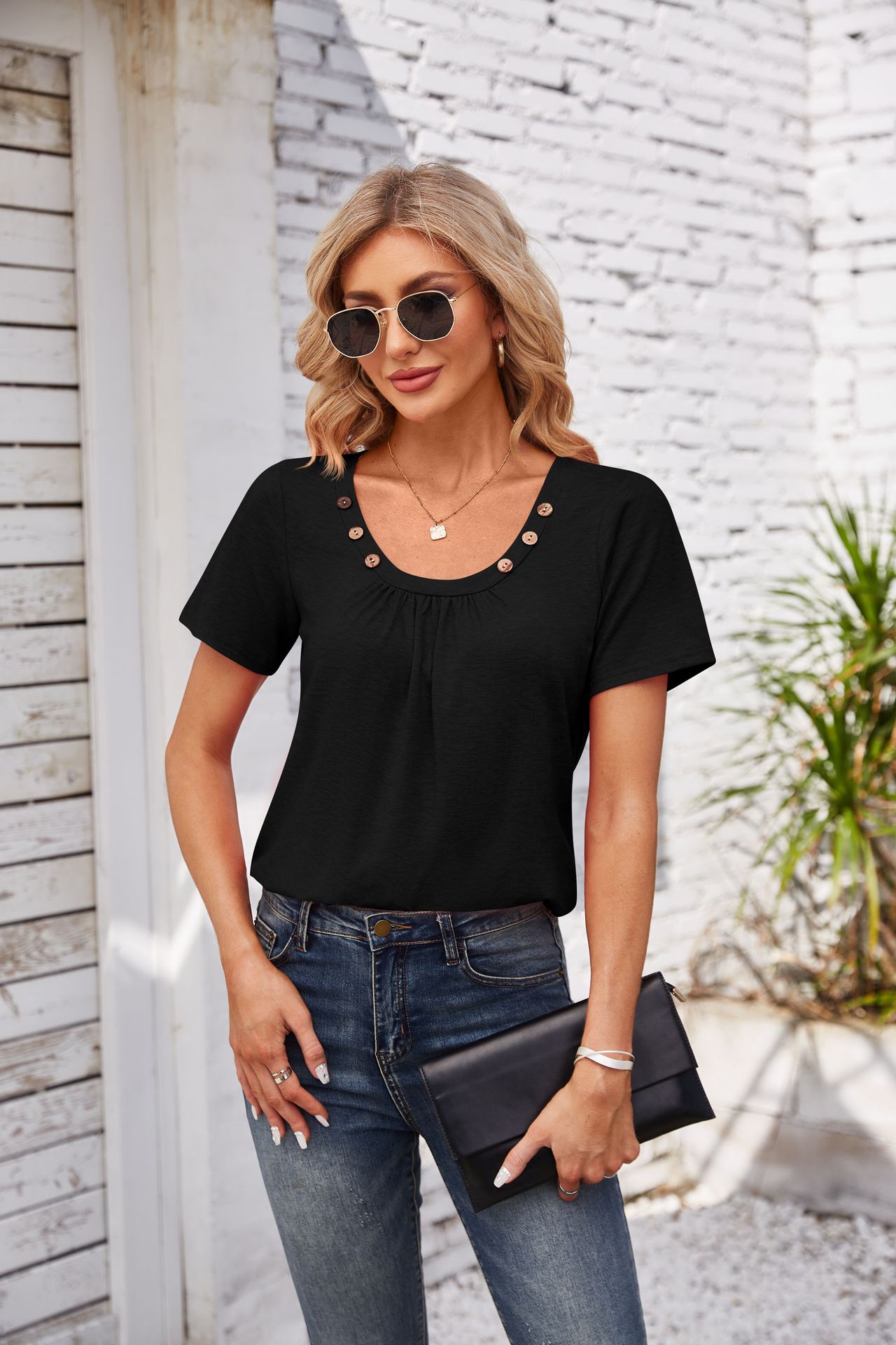 Women's T-shirt Short Sleeve T-Shirts Patchwork Simple Style Solid Color display picture 11