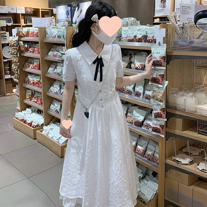 Real Shot of a French-Style Academy-Style White Collared Dress, New Summer Model, Waist-Cinching, Slimming, Suitable for Teaching Qualification Interview, Sheer Fabric Real Shot of a French-Style Academy-Style White Collared Dress, New Summer Model, Waist-Cinching, Slimming, Suitable for Teaching Qualification Interview, Sheer Fabric