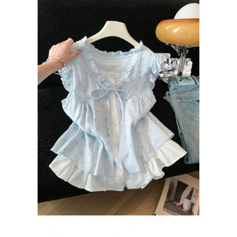 Blue Floral Ruffle Short-Sleeve Shirt for Women, Summer Fresh and Sweet, Age-Reducing, Faux Two-Piece, Tummy-Covering Top