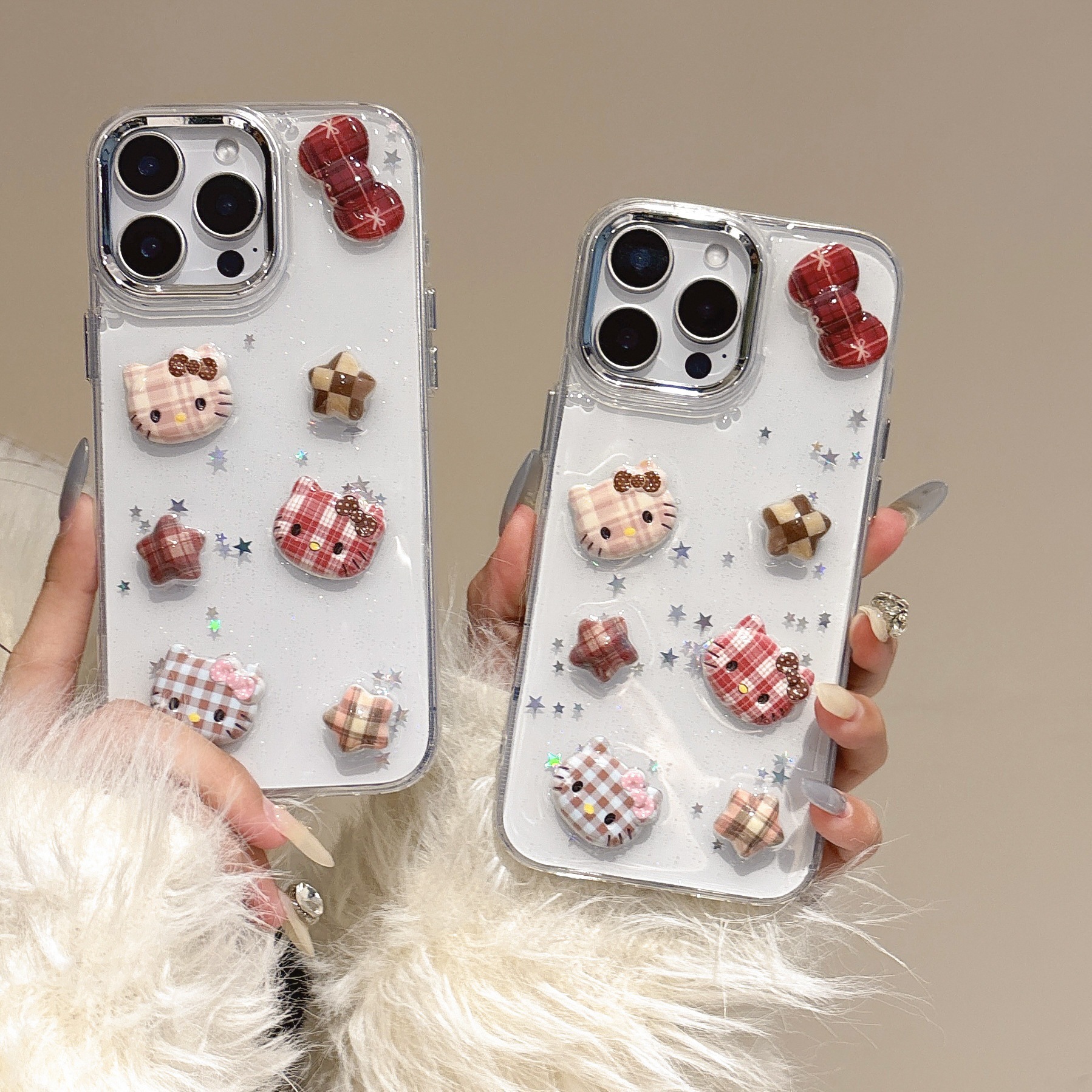 Cartoon Kt Cat Plaid Bow Star Mobile Phone Case Suitable for Iphone17Promax Transparent Apple 15 Glitter Powder