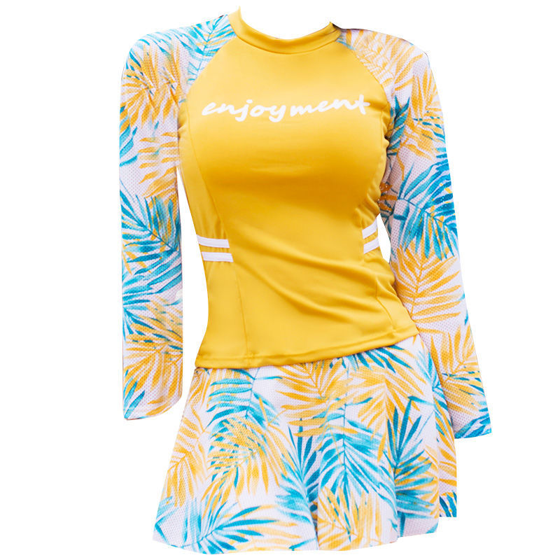 Traje de baño de manga larga para mujer de dos piezas estilo deportivo para estudiantes slim fit adelgazamiento pequeño pecho push up falda conservadora traje de baño de dos piezas