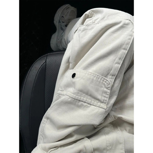 American Retro Hip-Hop Straight White Work Pants for Women High-Waisted Slimming with Multiple Pockets Sports Casual Pants