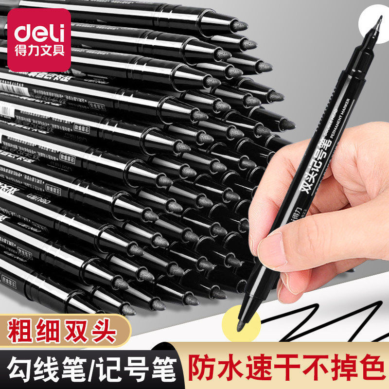 Deli marker 6824 double head black oily hook line PEN Art big head pen Blue Red Fine head marker