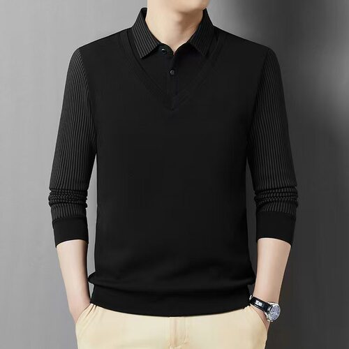 Spring and autumn long-sleeved t-shirt, men's business casual, middle-aged, father's shirt collar, fake two-piece men's striped Polo shirt