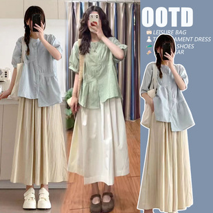 in stock Japanese Style Laid-back Plaid Shirt Pregnant Women's Summer Irregular Short-sleeved Round Neck Top Pregnant Women's Skirt