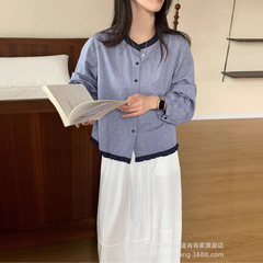 撞色条纹长袖衬衫女2025秋装新款下摆木耳边欧货女装时尚洋气小衫