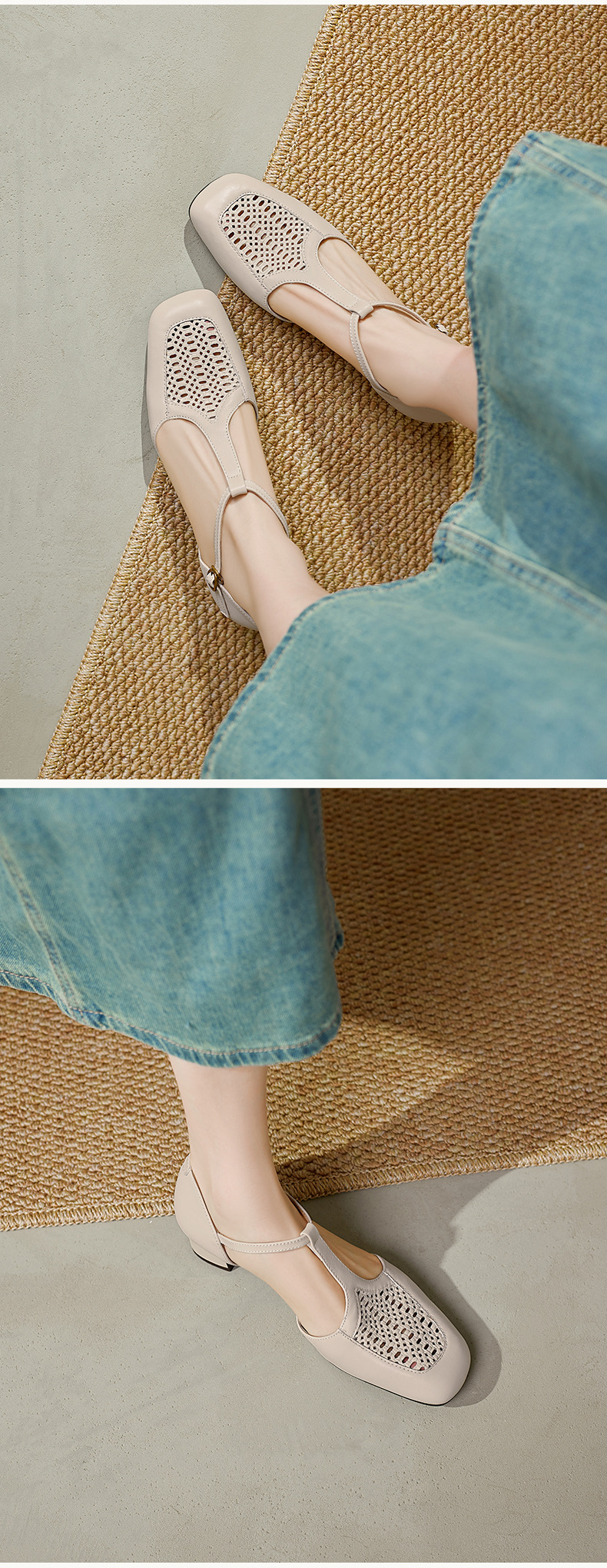 Sandal nữ da cừu thấp gót dệt vintage bít mũi quai chữ T — màu trắng ngà chi tiết 7