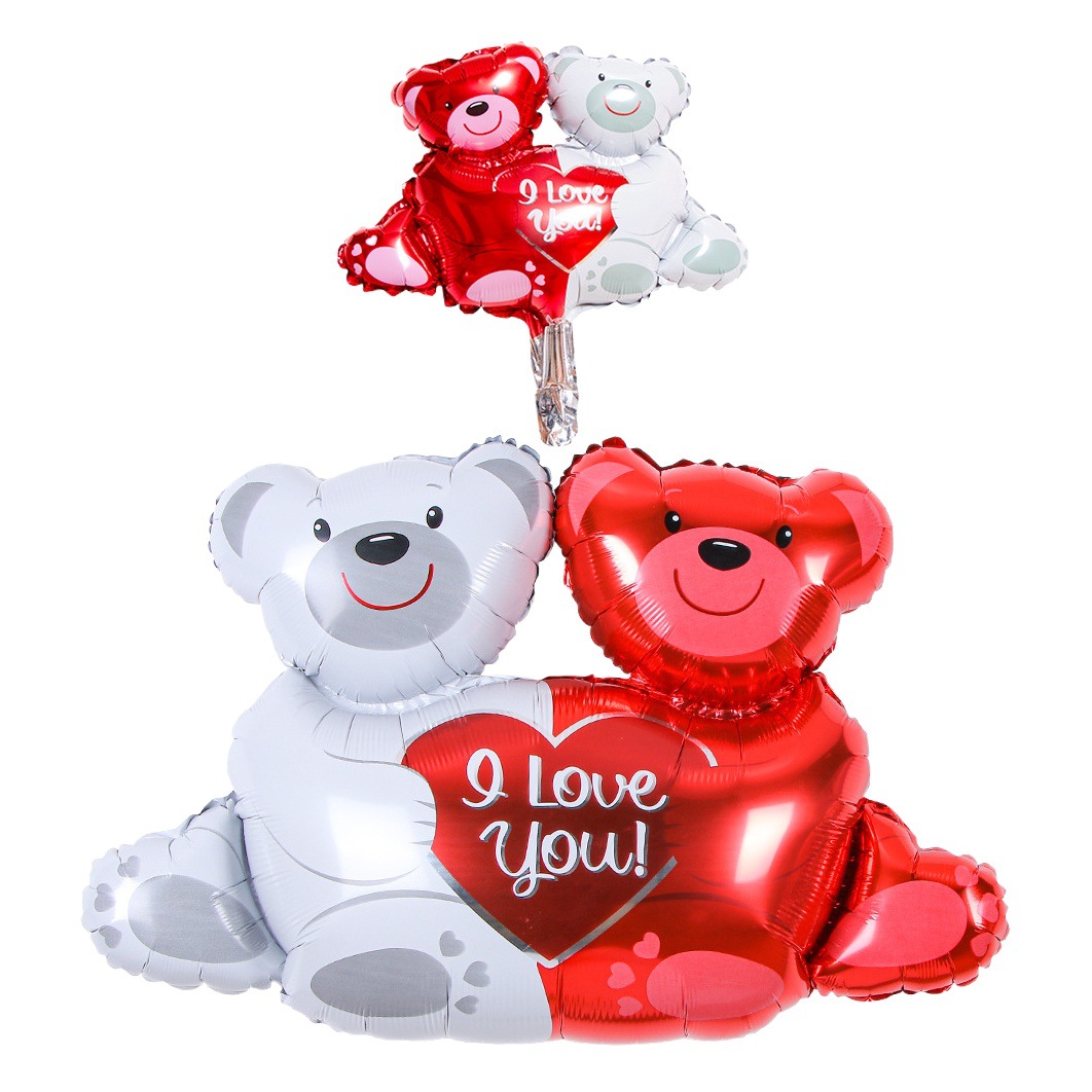 Oso doble con corazón globo de aluminio decoración globo al por mayor escena diseño boda partido mini globo de papel de aluminio doble oso