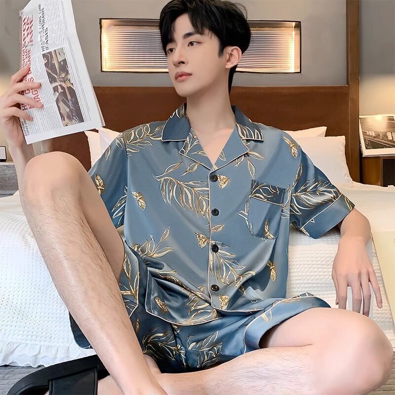 Pijamas para hombres de verano delgados de seda de hielo de manga corta pantalones cortos de seda ropa para el hogar juvenil de alta calidad hombre grande conjunto