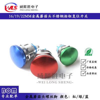 16/19/22MM Metal Mushroom Head Self Reset Button Switch Screw Foot Stainless Steel Red/Green/Blue